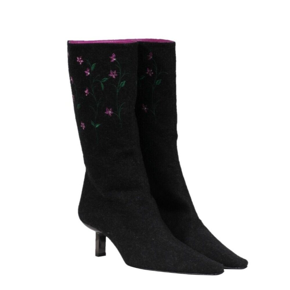 Bruno Magli Womens Floral Mid Calf Boots Size 6.5 B Gray Wool Pointed Toe